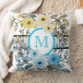 Geel Blauw Bloemen  Monogram Kussen (Deken)