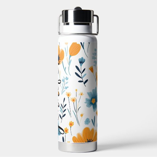 Geel Blauw Bloemen Naam toevoegen Waterfles (Achterkant)