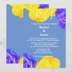 Geel Blauw Bloemen Roos Elegante bruiloft Kaart