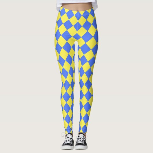 Geel Blauw Checker Diamant Patroon Leggings (Voorkant)