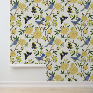 Geel & Blauw Chinoiserie Cloisonne Vogels Behang