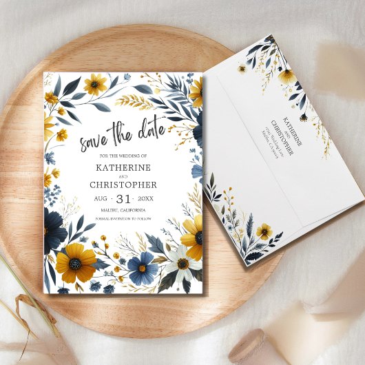 Geel Blauw Elegant Wildflower Bruiloft Save The Date