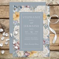 Geel blauw en witte Floral op blauwe uitnodiging