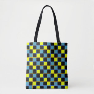 Geel blauw gecontroleerd geometrisch patroon draagtas