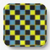 Geel blauw gecontroleerd geometrisch patroon papieren bordje (Voorkant)