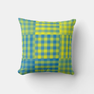 Geel Blauw Geruit Patchwork Patroon Kussen