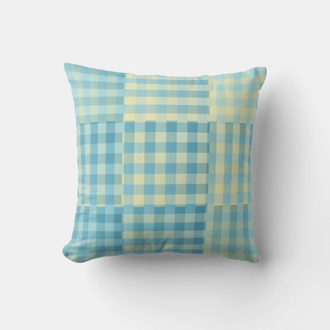 Geel Blauw Geruit Patchwork Patroon Kussen (Voorkant)