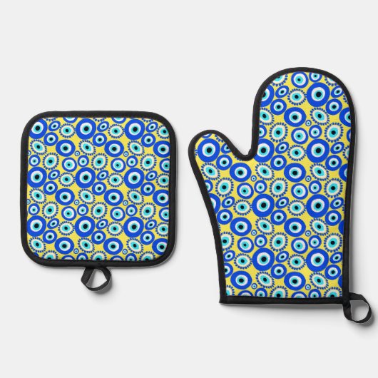 Geel Blauw Grieks Oog Kleurrijk Patroon Ovenwant & Pannenlap Set (Voorkant)