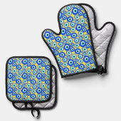 Geel Blauw Grieks Oog Kleurrijk Patroon Ovenwant & Pannenlap Set (Voorkant / Achterkant)