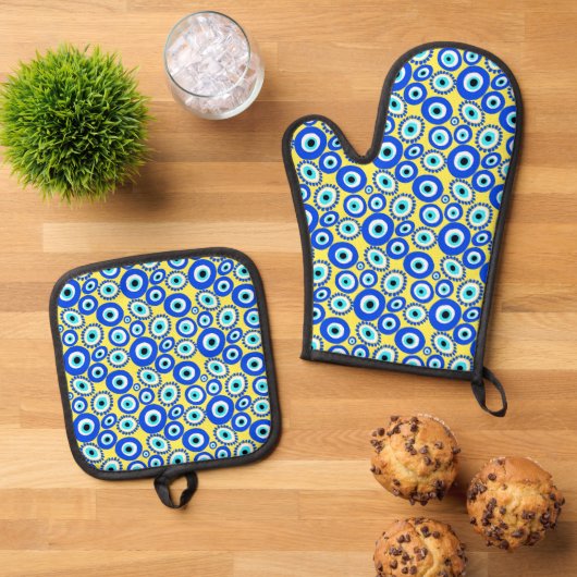 Geel Blauw Grieks Oog Kleurrijk Patroon Ovenwant & Pannenlap Set (Top down)