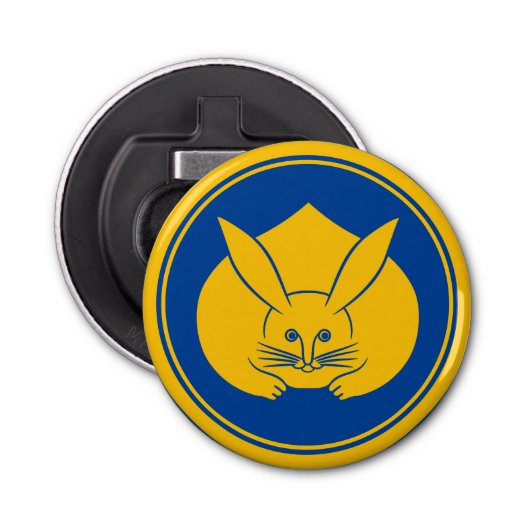 Geel Blauw Japan Konijn Mon Oosters Button Flesopener (Voorkant)