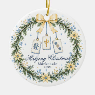 Geel & Blauw Mahjong Tegel Krans Kerstmis Keramisch Ornament