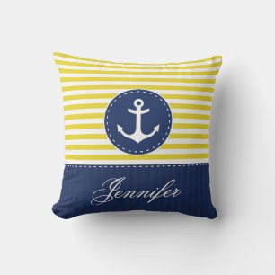 Geel Blauw Nautisch Ankerontwerp Aangepaste naam Kussen