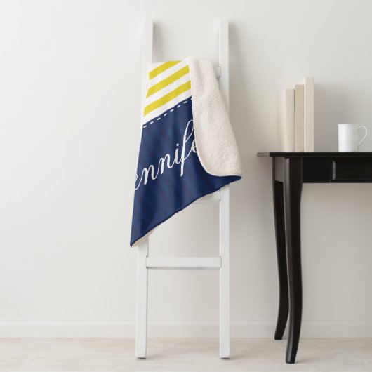 Geel Blauw Nautisch Ankerontwerp Aangepaste naam Sherpa Deken (In situ)