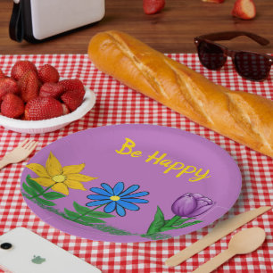 Geel Blauw Paarse met de hand geschilderde bloemen Papieren Bordje