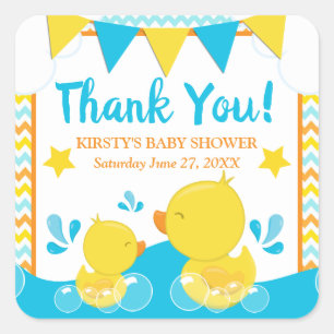 Geel & Blauw Rubberen Eendje Stippen Baby Shower Vierkante Sticker