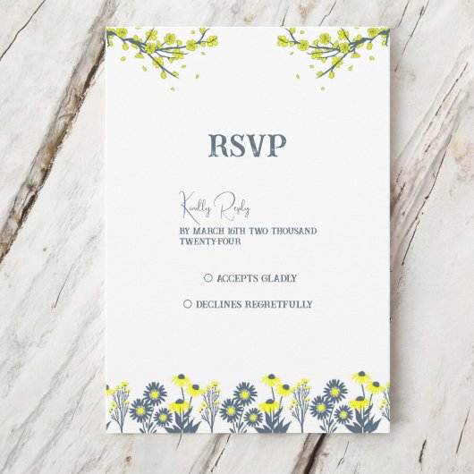Geel Blauw Wildbloem Bloemen Boho Bruiloft RSVP Kaartje