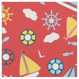 Geel Blauw Zeilboten Vis Vogels Rood Nautisch Stof
