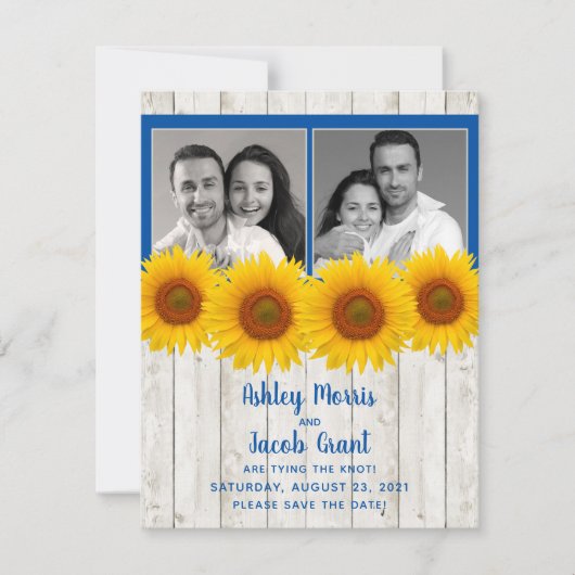 Geel Blauw Zonnebloem Rustic Foto sparen de Datum Save The Date (Voorkant)