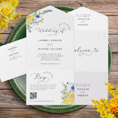Geel Blauwe Lente Wildbloemen QR Code Bruiloft All In One Uitnodiging