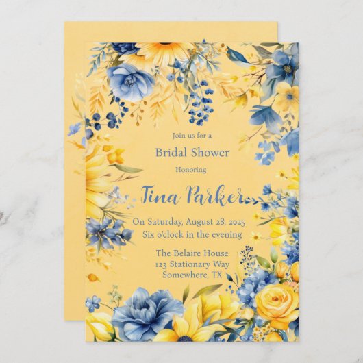 Geel Blauwe Pioen Waterverf Vrijgezellenfeest Kaart (Voorkant / Achterkant)