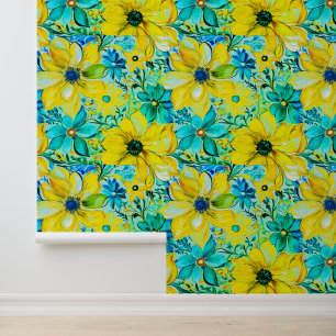 Geel Blauwgroen Blauw Bloemenpatroon Kleurrijke Bo Behang