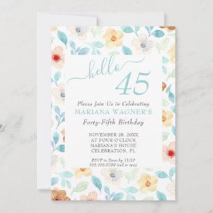 Geel Blauwgroen Floral Elegant Script 45th Birthda Kaart