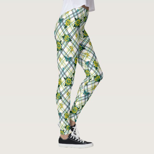 Geel Blauwgroen Tattoo Rozen Vlinders Plaid Leggings (Rechts)