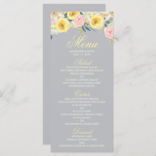Geel Bloemen en Grijs Bruiloft Menu Kaart (Voorkant / Achterkant)
