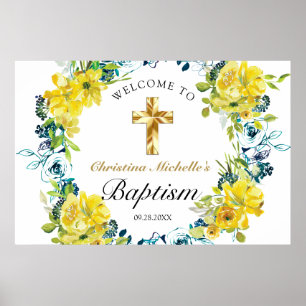 Geel Bloemen Gouden Kruis Doop Welkom Poster