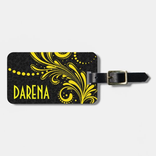 Geel Bloemen Kant Zwart Damasks Bagagelabel (Voorkant horizontaal)