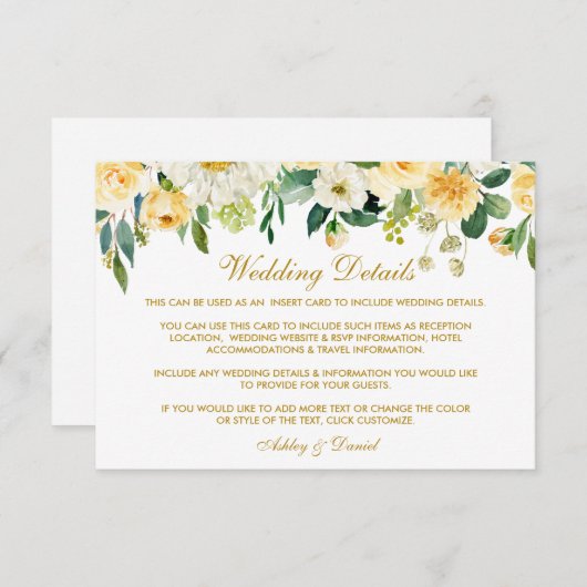 Geel Bloemengoud Bruiloft Details Invoegen Kaart (Voorkant / Achterkant)