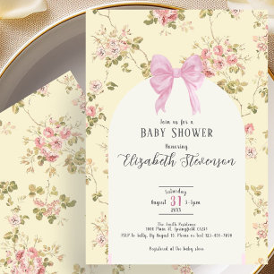 Geel bloemmotief roze strik babyshower uitnodiging