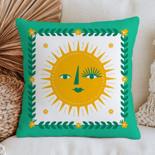 Geel BOHO Chic Zon Gezicht Boheemse Groen Hemels Kussen