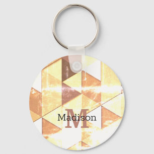  geel bruin geometrisch patroon Monogram Sleutelhanger