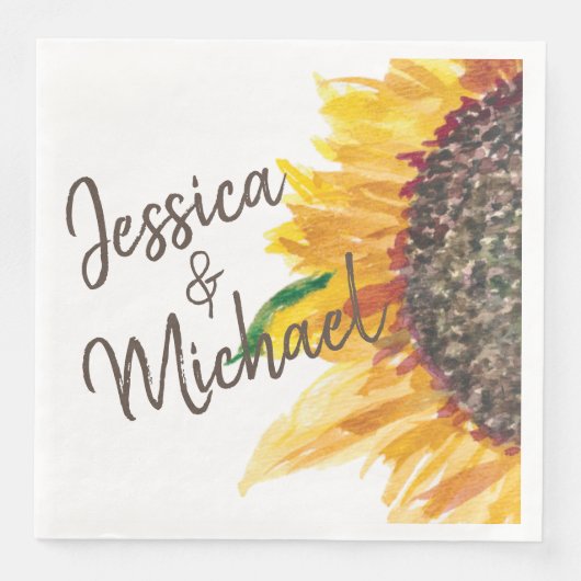 Geel bruin zonnebloem Witte bruiloft Couple's Name Servet (Voorkant)