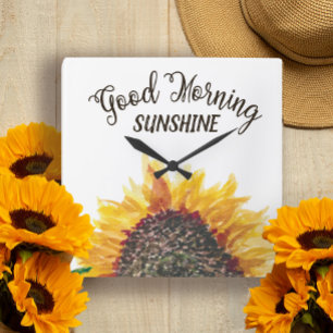 Geel Bruine Zonnebloem Wit Goedemorgen Zonneschijn Vierkante Klok