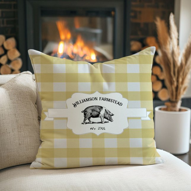 Geel Buffalo Plaid Boerderij Varken Sierkussen (Yellow Buffalo Plaid Farm Pig Throw Pillow)