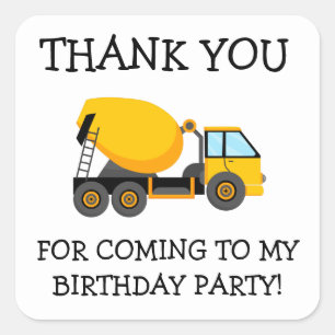 Geel Cement Truck Kind Verjaardag Bedankt Vierkante Sticker