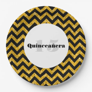 Geel Chevron Glitter Quinceañera Papier Borden Papieren Bordje
