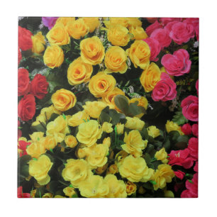 geel,Chic, vintage, rood, roze, rozen, bloemen, Tegeltje