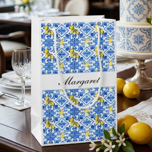 Geel Citroen Blauw Tegel Waterverf Monogram Naam Klein Cadeauzakje