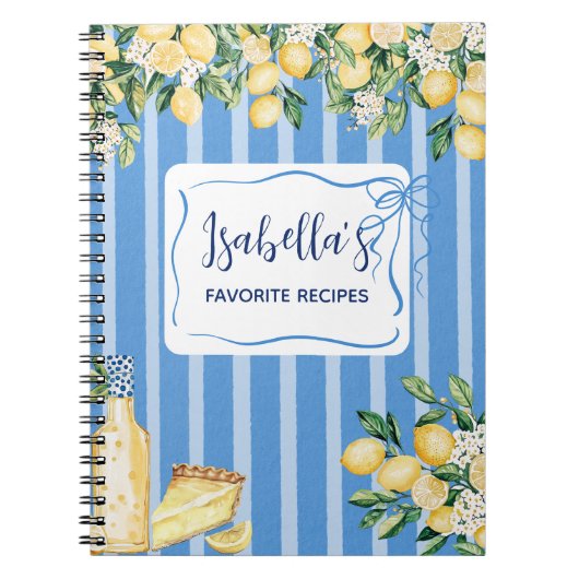 Geel citroenfruit en blauwe strepen Recept Journal Notitieboek (Voorkant)