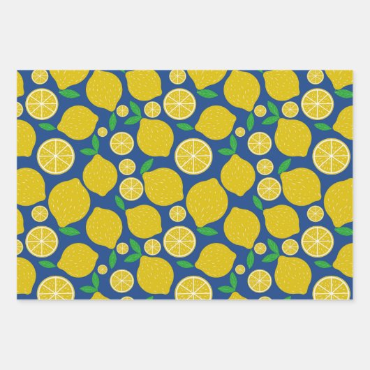 Geel Citrus Patroon op Blauw Inpakpapier Vel (Voorkant)
