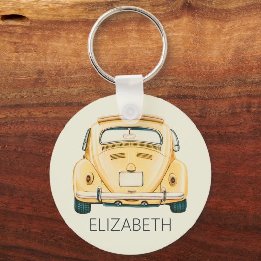 Geel Classic  Buggy Bug Car Gepersonaliseerd Sleutelhanger (Voorkant)