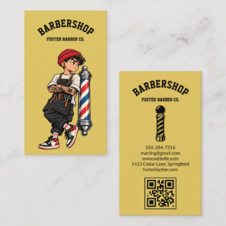 Geel Coole Kapper Mascotte Haarstylist QR Visitekaartje