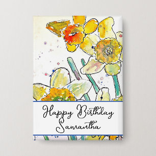 Geel Daffodil Bloem Waterverf Verjaardag Badge Button