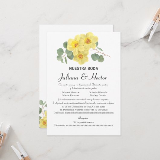 GEEL DAFFODIL WATERVERF WEDDING INVITATIE KAART (Voorkant / Achterkant in situ)