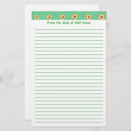 Geel Daisy Flower Pattern Green Lined Stationery Briefpapier (Voorkant / Achterkant)