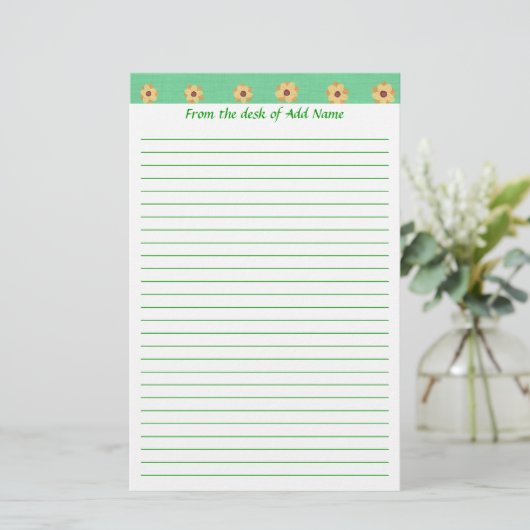 Geel Daisy Flower Pattern Green Lined Stationery Briefpapier (Staand voorkant)